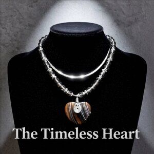 Banded Brown Agate Heart with Beaded Necklace - Silver + Brown Statement Piece!